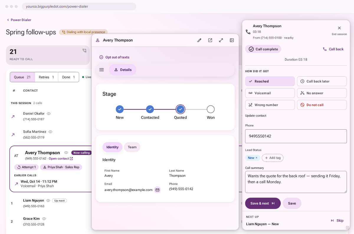 The Power Dialer mid-session: a call just ended — the call box's wrap-up with the outcome, the contact's fields and a summary — the contact's page with their stage beside it, the list behind.