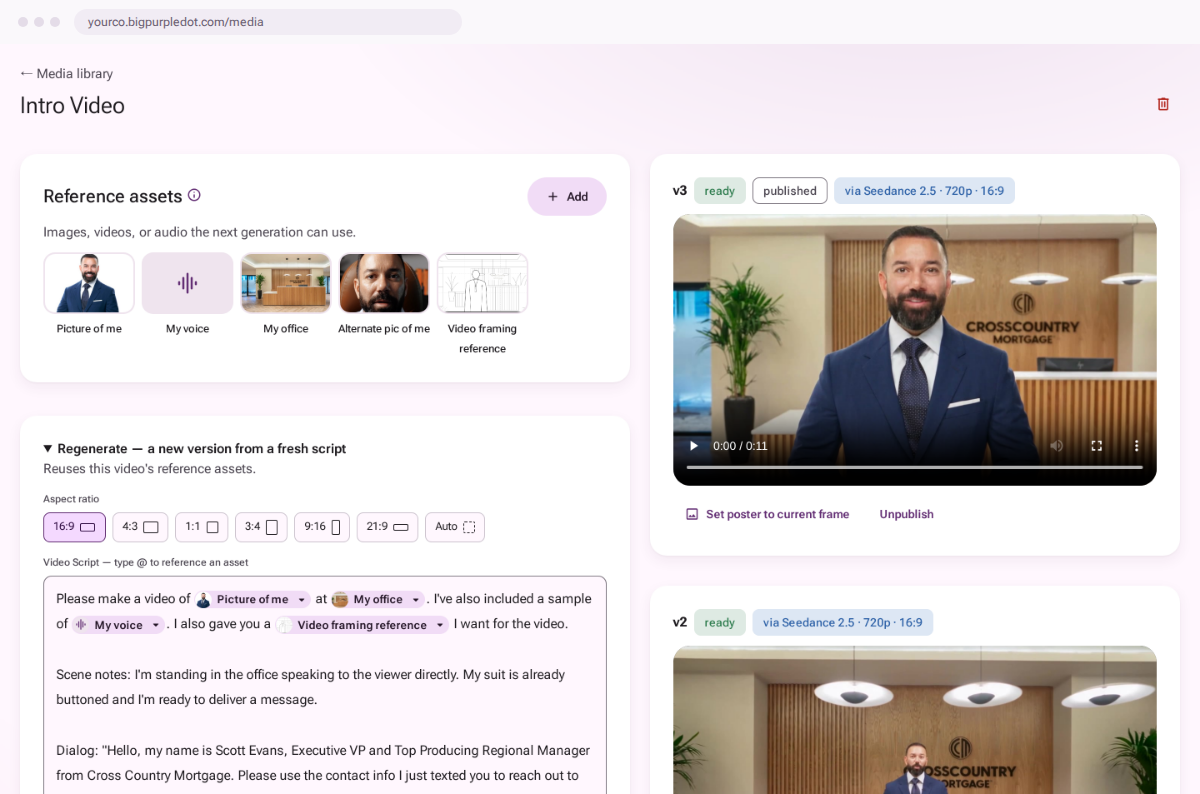 The video maker: a loan officer's photos, office, voice sample and framing sketch tagged in a script, beside the finished 720p videos it made — the published one and the one before.